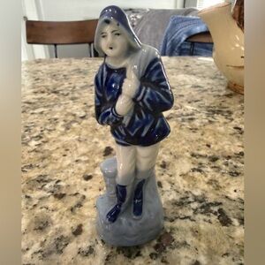 Vintage Occupied Japan Blue White Ceramic Fisherman Figurine